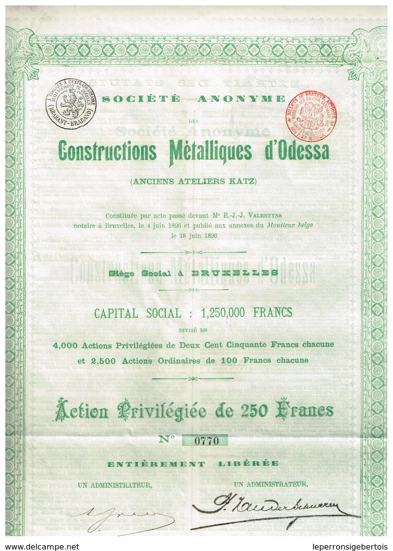 Titre Ancien - Société Anonyme Des Constructions Métalliques D'Odessa - Anciens Ateliers Katz - Titre De 1896 - - Russie