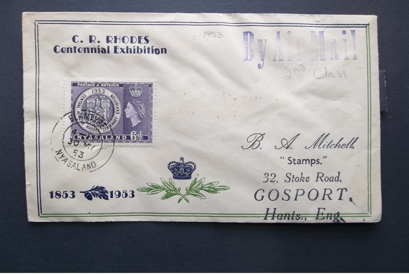 Nyasaland: 1953 Air Cover To Hants, Eng. (#PW8) - Oceania (Other)