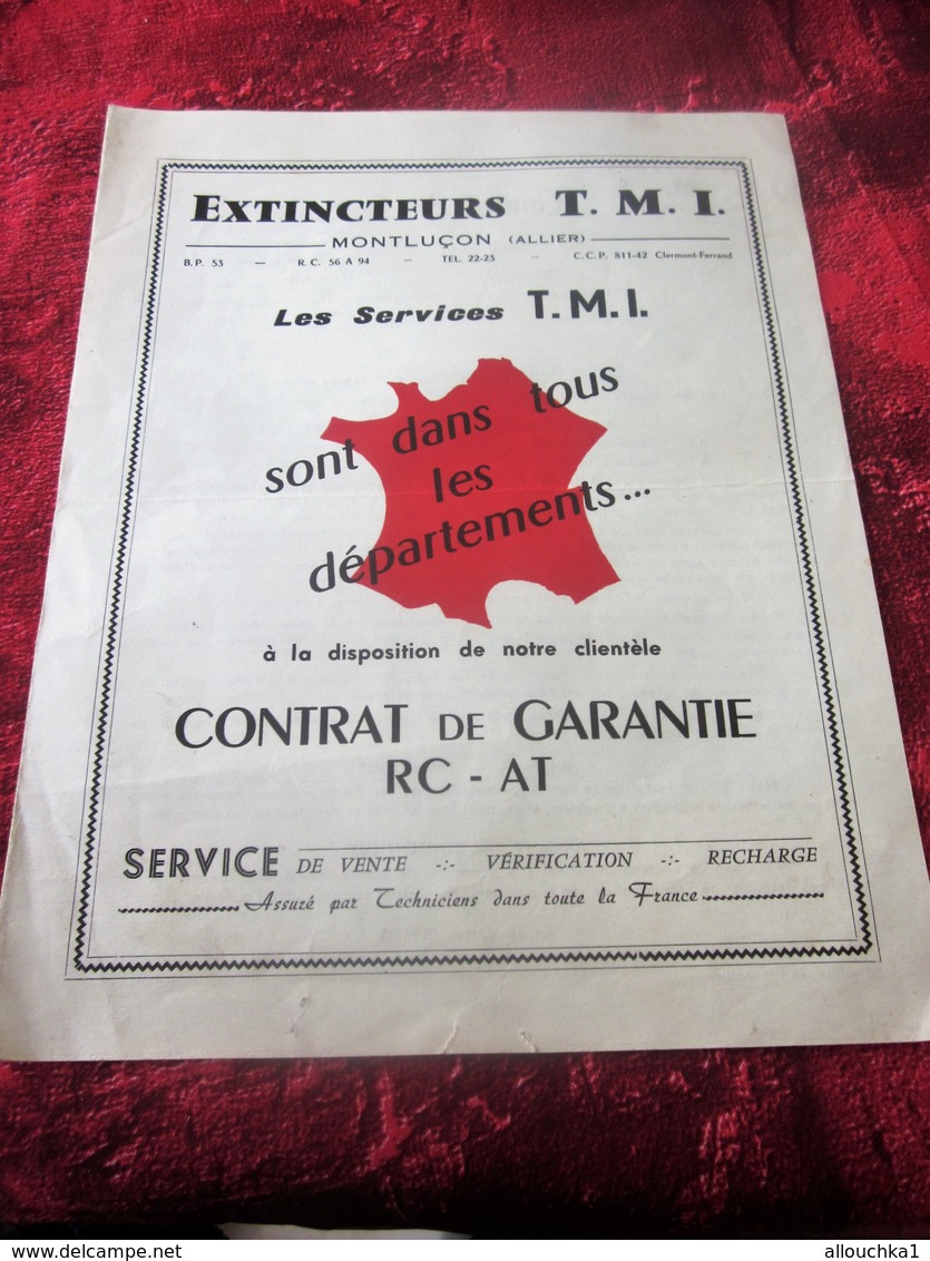 1962 EXTINCTEURS T.M.I. MONTLUÇON ALLIER CONTRAT DE GARANTIE RC - AT DÉPLIANT PUBLICITAIRE DOCUMENT COMMERCIAL VINTAGE - 1950 - ...