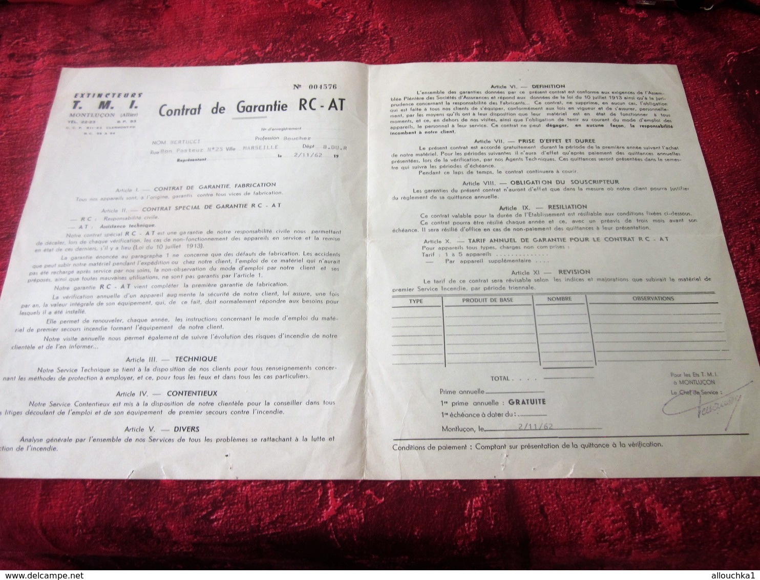 1962 EXTINCTEURS T.M.I. MONTLUÇON ALLIER CONTRAT DE GARANTIE RC - AT DÉPLIANT PUBLICITAIRE DOCUMENT COMMERCIAL VINTAGE - 1950 - ...