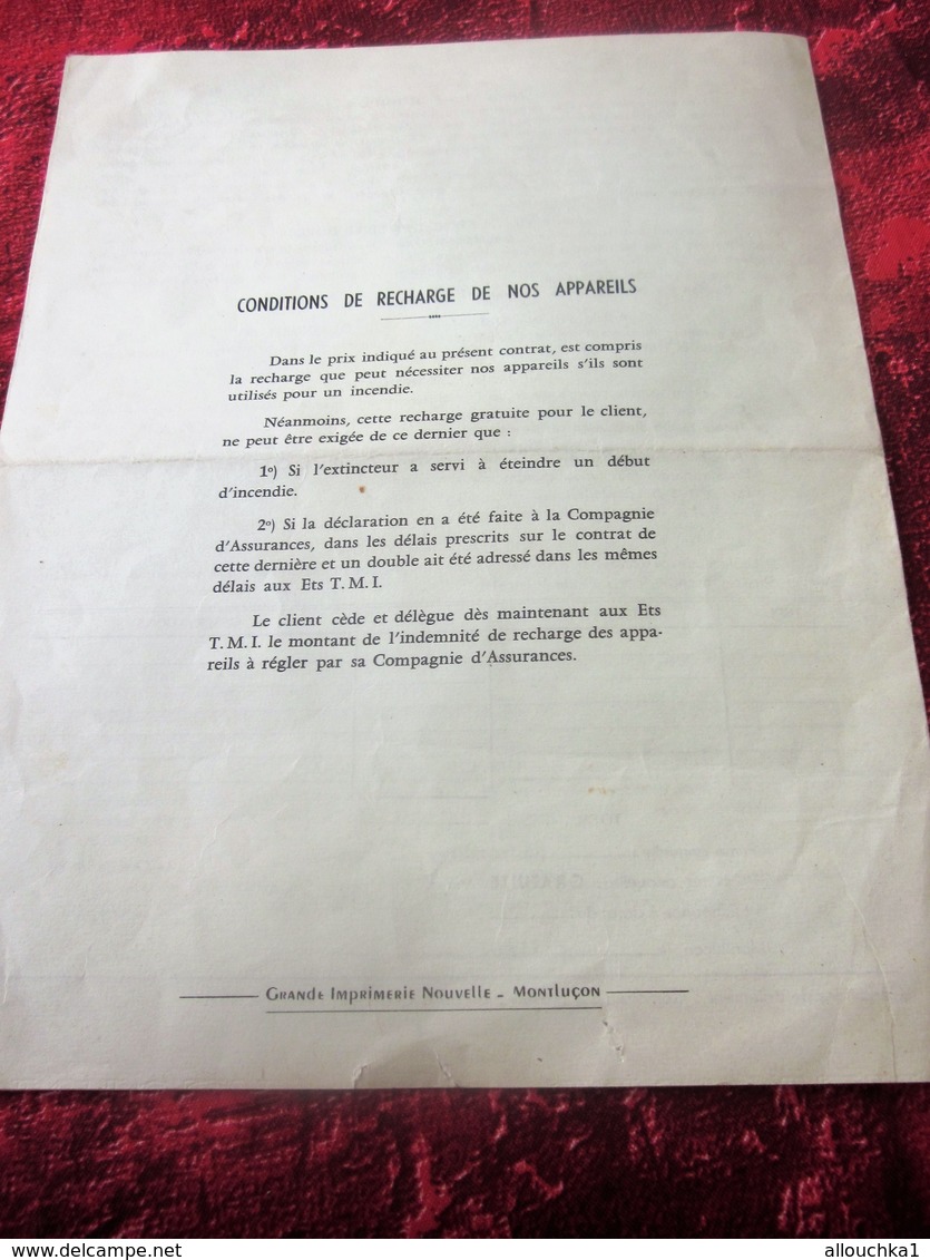 1962 EXTINCTEURS T.M.I. MONTLUÇON ALLIER CONTRAT DE GARANTIE RC - AT DÉPLIANT PUBLICITAIRE DOCUMENT COMMERCIAL VINTAGE - 1950 - ...