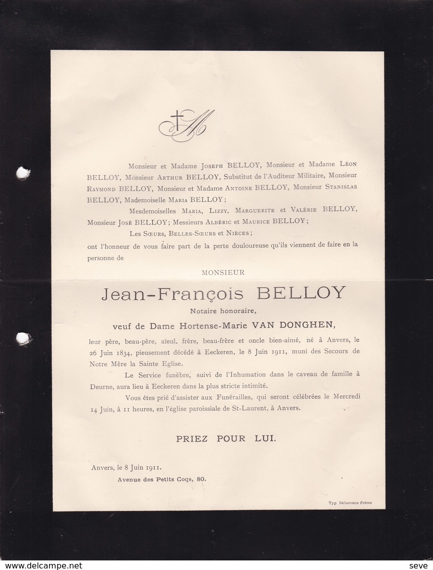 ANVERS EECKEREN BELLOY Jean-François Notaris 1834-1911 Famille VAN DONGHEN EEKEREN Rouwbrief - Obituary Notices