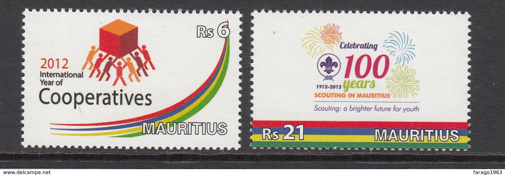 2012 Mauritius Anniversaries Year Of Cooperatives, Scouting, Diplomatic Relations With China Set Of 3 MNH - Mauritius (1968-...)