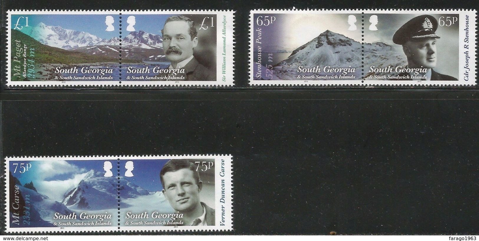 2012 South Georgia Mountains And Explorers   Complete Set Of  3 Pairs MNH @FACE - South Georgia