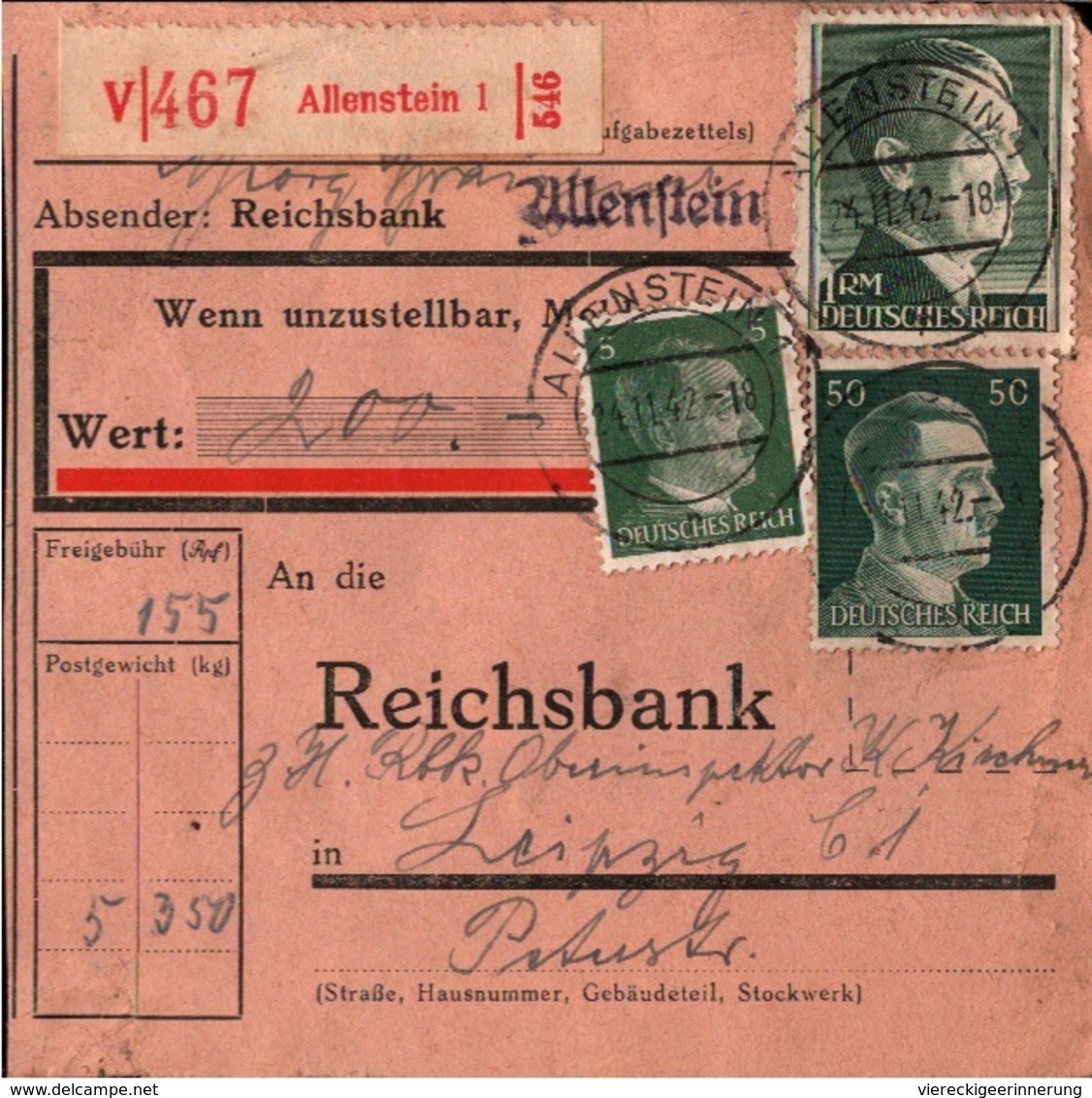 ! 1942 Wertpaketkarte Deutsches Reich, Allenstein, Reichsbank Nach Leipzig - Briefe U. Dokumente