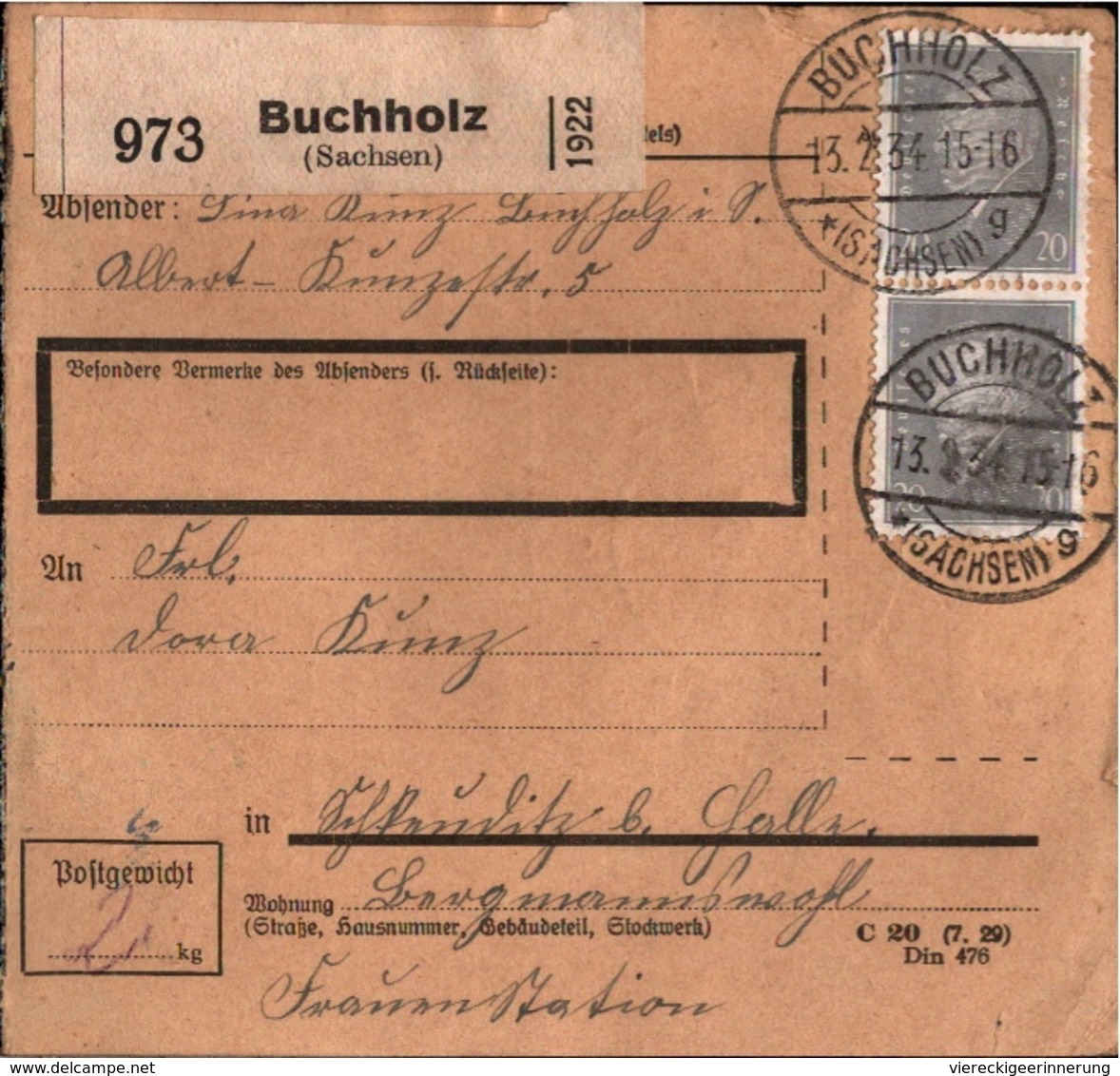 ! 1934 Paketkarte Deutsches Reich, Buchholz In Sachsen Nach Schkeuditz - Briefe U. Dokumente