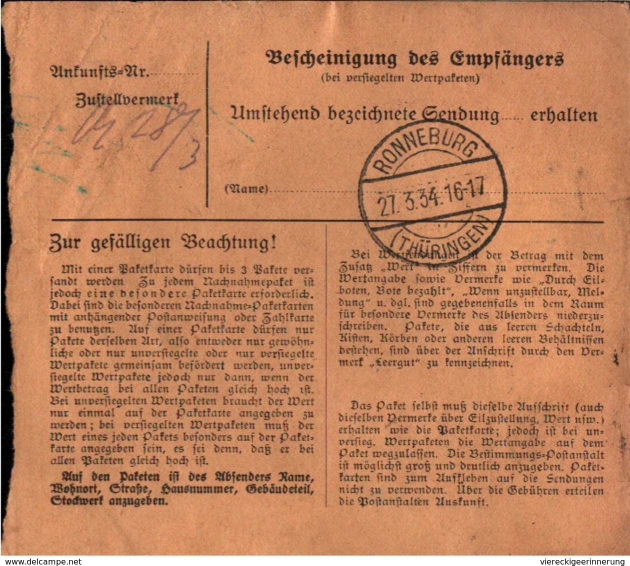 ! 1934 Paketkarte Deutsches Reich, Braunschweig 3 Nach Ronneburg, MeF 80 Pfg. Hindenburg - Briefe U. Dokumente