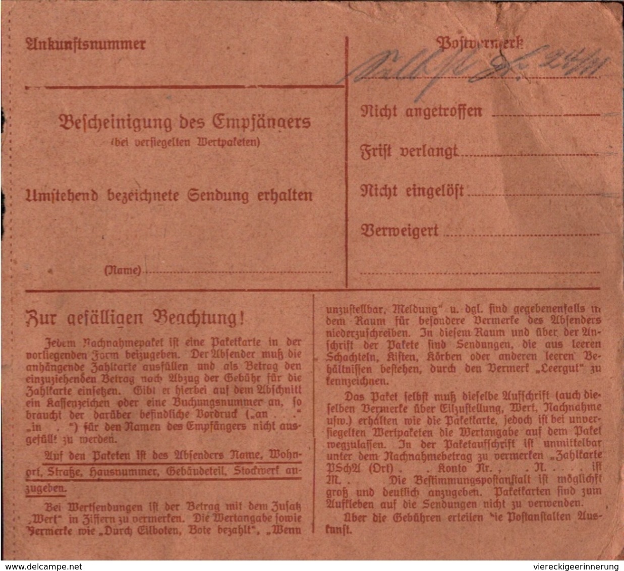 ! 1934 Nachnahme Paketkarte Deutsches Reich, Braunschweig 3 Nach Agnesdorf Bei Rossla, Harz, Uhren - Briefe U. Dokumente