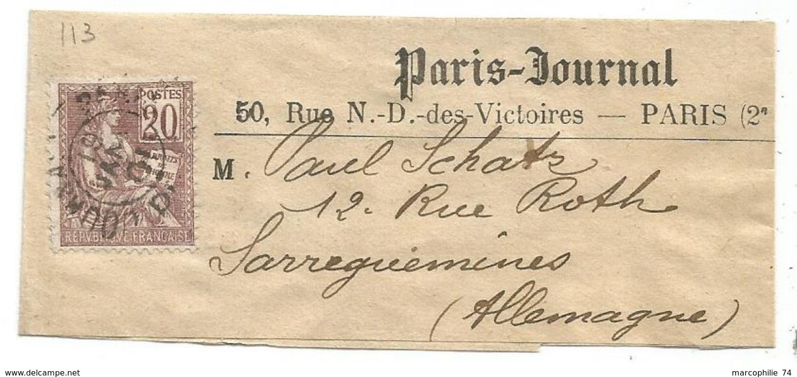 MOUCHON 20C N°113 SEUL PETITE BANDE JOURNAUX PP 1901 POUR ALLEMAGNE RARE     AU TARIF - 1877-1920: Période Semi Moderne