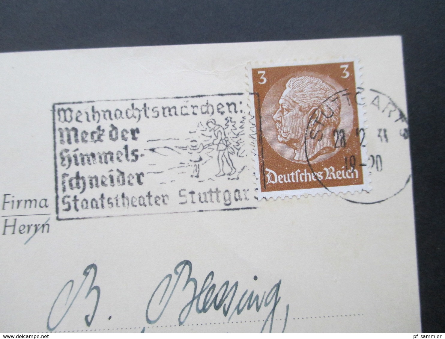 3. Reich 1938 Weihnachts Stempel Weihnachtsmärchen Meck Der Himmels Schneider Staatstheater Stuttgart Firmenkarte - Briefe U. Dokumente