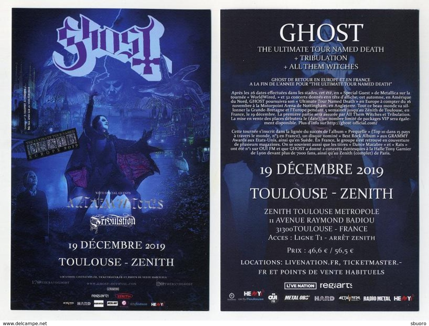 Flyer Concert : Ghost + Anthem Witches + Tribulation - Zénith De Toulouse 2019 - France - Metal Bands - Programmi