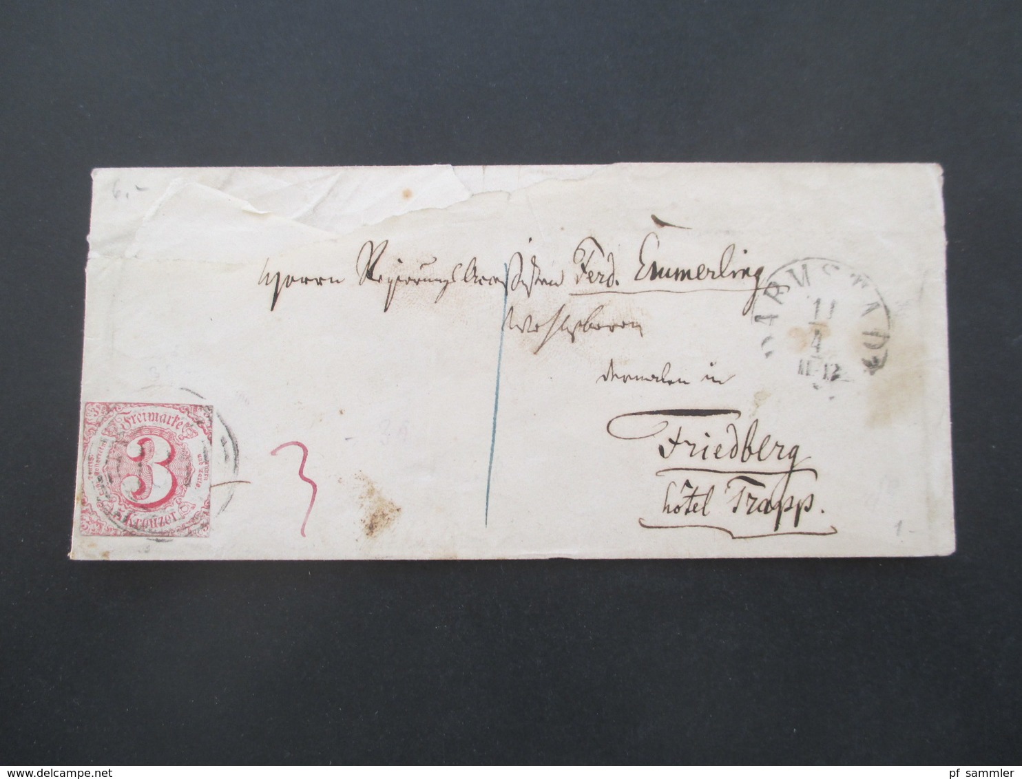 Thurn Und Taxis Beleg Von Darmstadt Nach Friedberg Mit Ak Stempel Hotel Trapp Und Teil Bar Taxe Rötel 3 Kreuzer - Covers & Documents