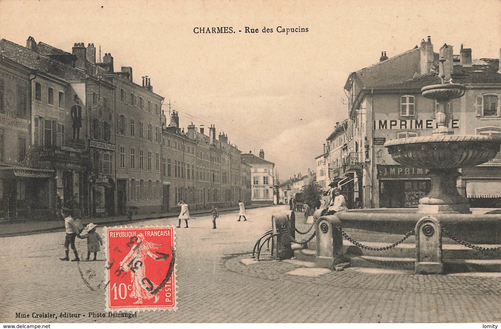 88 Charmes Rue Des Capucins Cpa Carte Animée Commerce Imprimerie Edit Mme Croisier Cachet 1913 - Charmes