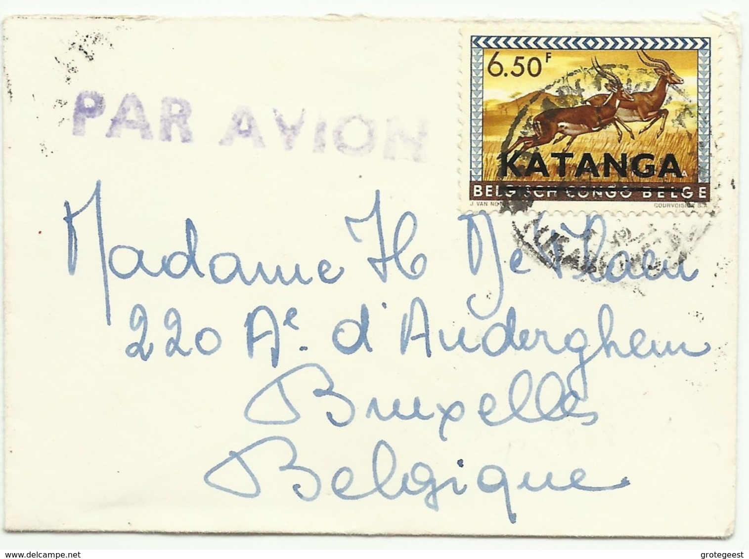 Petite Enveloppe (format Carte De Visite) Affr. à 6Fr50 ELISABETHVILLE Par Avion Vers Bruxelles - Verso : Superbe Vignet - Katanga