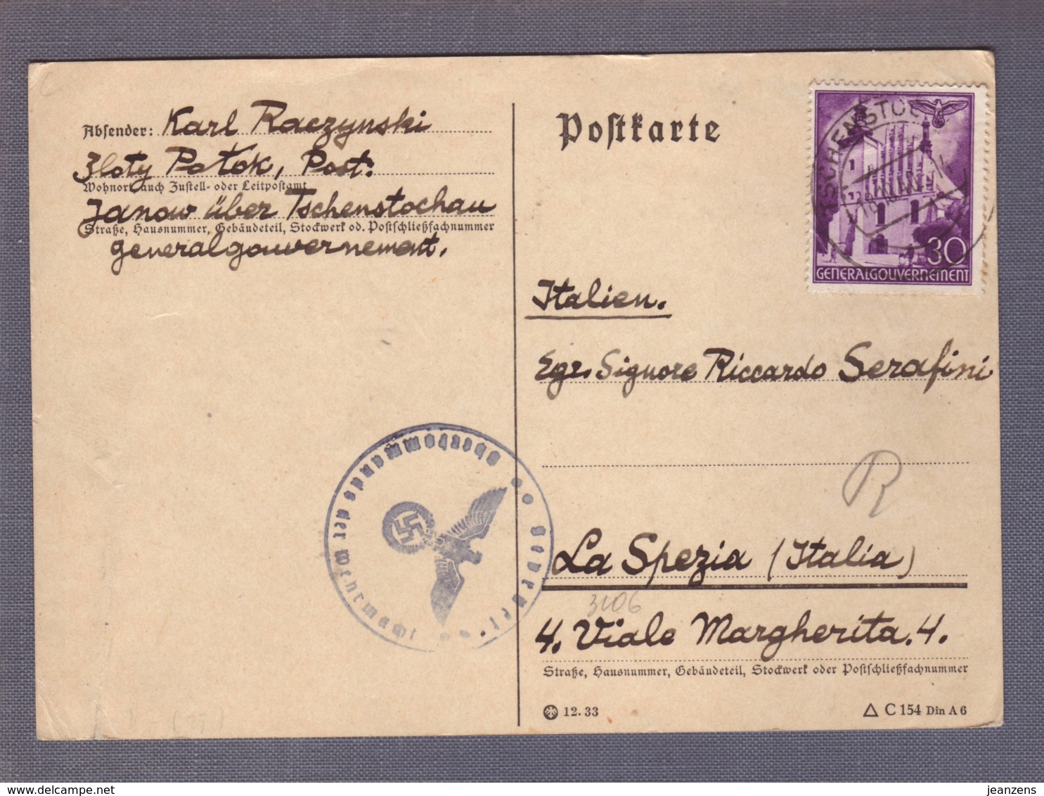 Carte Postale  Obl. Tschenstochau 18.10.1940  ->LA Spezia (Italie) - Zensur/Censored/Censure De Munich - Generalregierung