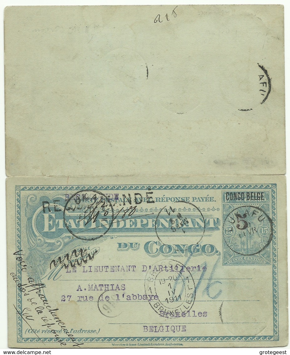 E.P. Carte Double 15c. + 15c. Surch. CONGO BELGE Obl. Sc LUKAFU 20 Févr. 1911 (daté De KILWA LAC MOERO) En Recommandé (t - Stamped Stationery