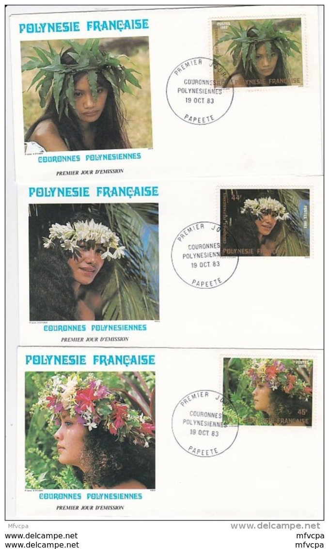 L4N004 POLYNESIE FRANCAISE 1983 FDC Couronnes Polynésiennes 41f 44f 45f Papeete 19 10 1983 / 3 Envel.  Illus. - FDC