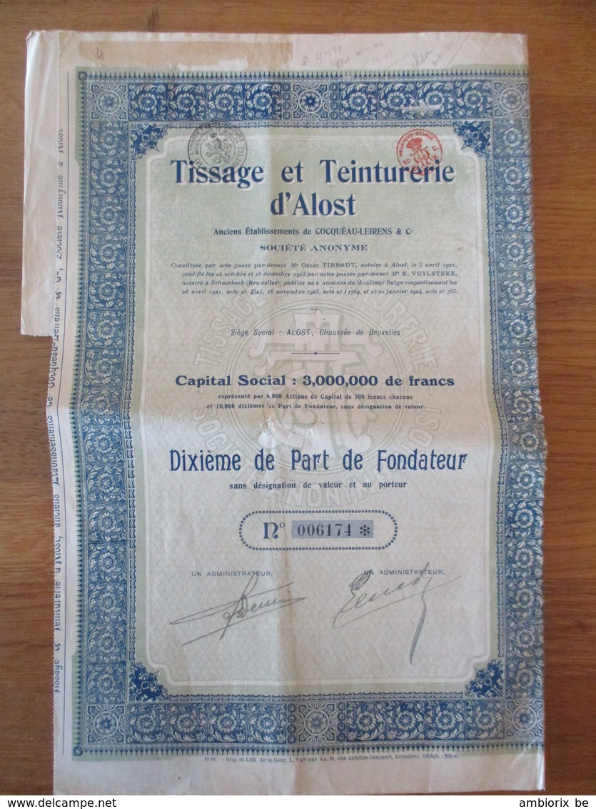 Tissage Et Teinturerie D'Alost - Dixième De Part De Fondateur - Textiles