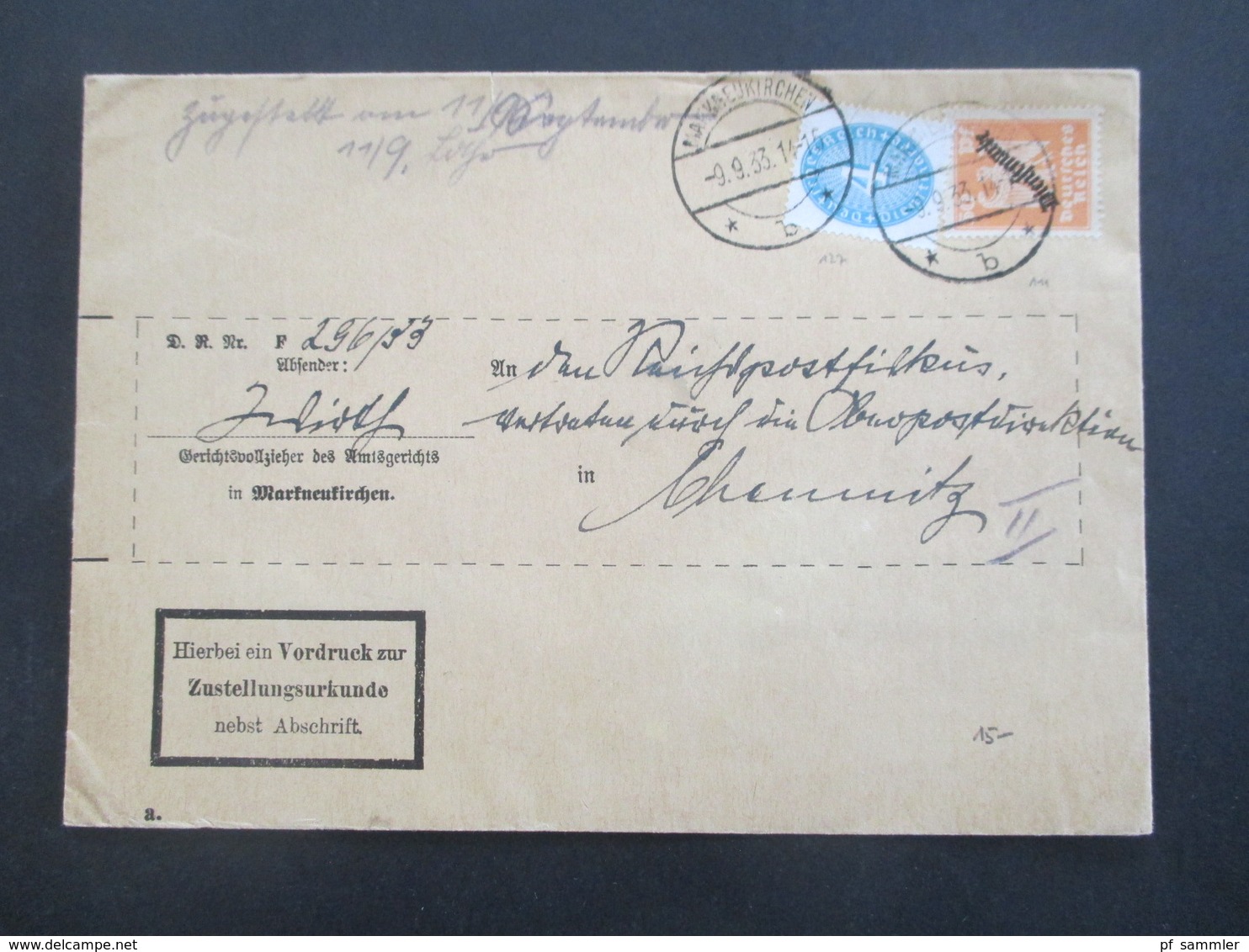 DR Dienst 1933 Schlangenaufdruck MiF Ziffer Vordruck Zur Zustellungsurkunde Gerichtsvollzieher Markneukirchen - Chemnitz - Dienstmarken