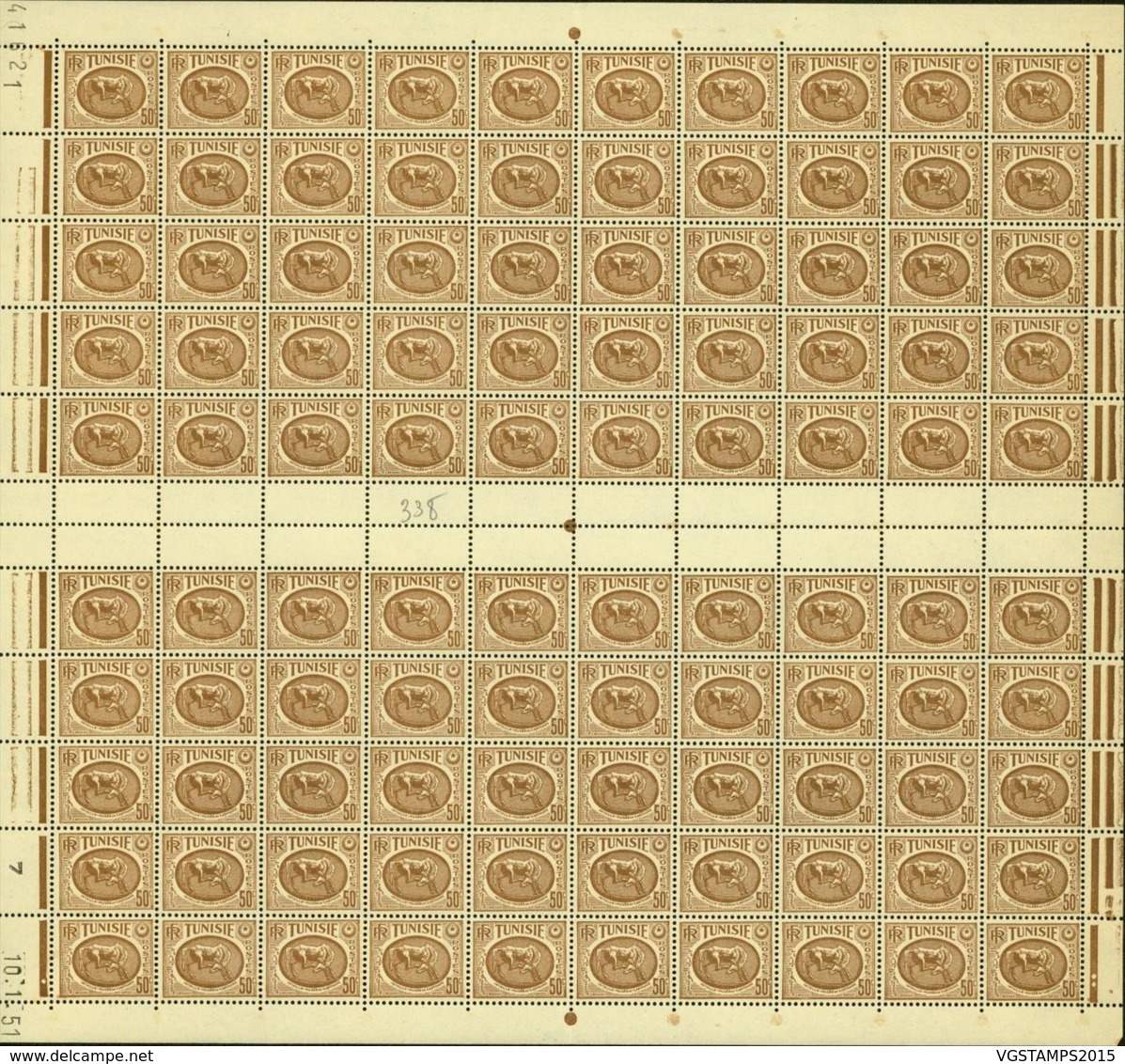 Tunisie 1950 - Timbres Neufs (MNH). Yvert Nr.: 358- Feuille De 100 Timbres..... (VG) DC5351 - Neufs