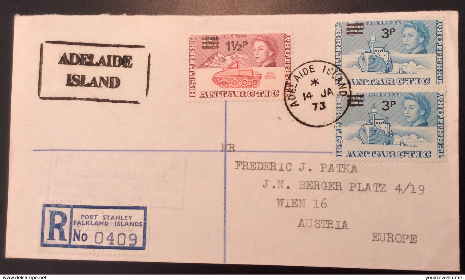 BAT ANTARCTIC „ADELAIDE ISLANDS 1973“ + „R.R.S JOHN BISCOE“ (Falkland Islands Cover Lettre  Polar Base Ship  Polaire - Covers & Documents