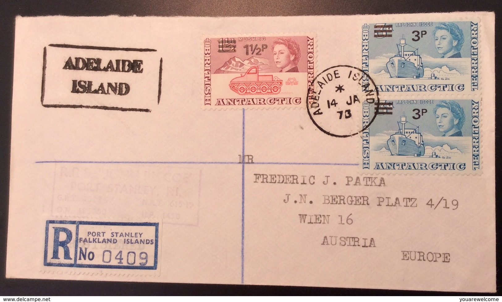 BAT ANTARCTIC „ADELAIDE ISLANDS 1973“ + „R.R.S JOHN BISCOE“ (Falkland Islands Cover Lettre  Polar Base Ship  Polaire - Lettres & Documents