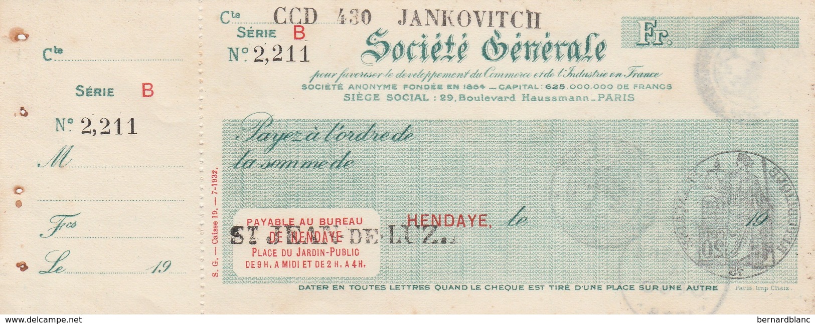 FISCAL - FISCAUX - CHEQUE AU TARIF DE 1938 AVEC 4 VALIDATIONS SUCCESSIVES - Andere & Zonder Classificatie