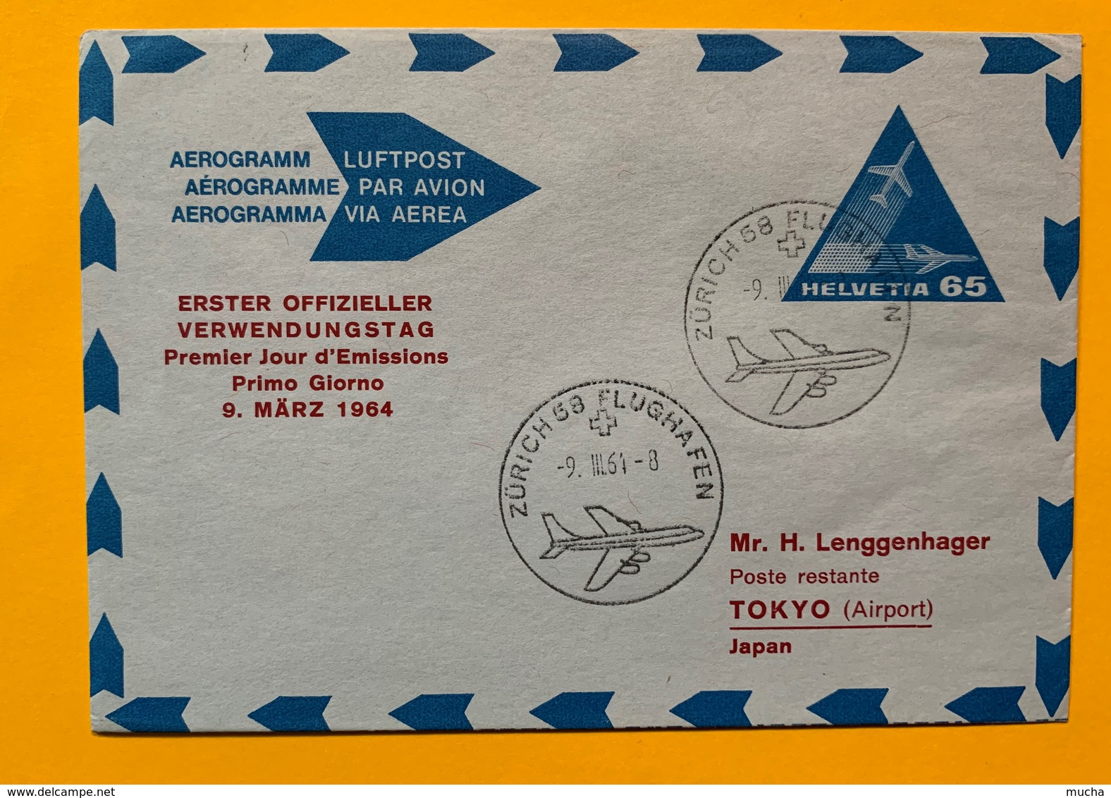 9779 -  Aérogramme No 1 65 Ct  FDC Zürich 58 09.06.1964 Vol Pour Tokyo - Entiers Postaux