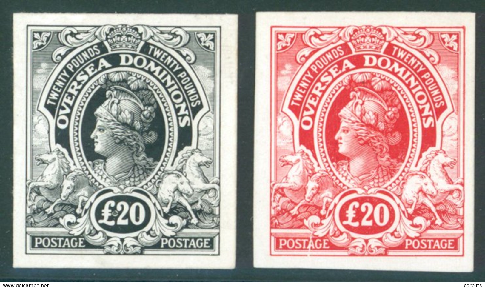 COLONIAL PROOFS 1910 Overseas Dominions £20 Black & £20 Red 'Postage/Postage' Imperf Plate Proofs On Thin Glazed Card By - Sonstige & Ohne Zuordnung