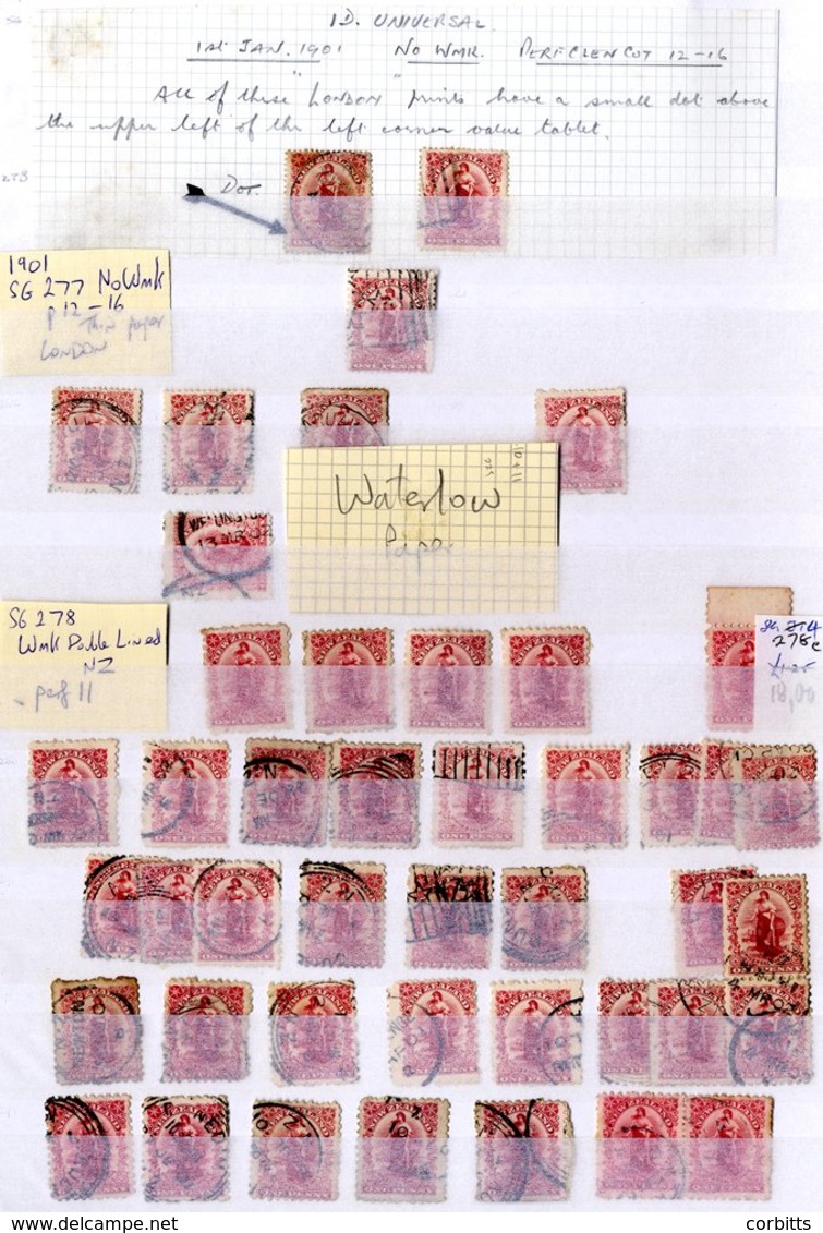 NEW ZEALAND One Penny Universals Duplicated Ranges (mainly U), Partly Sorted With Identified Flaws Etc, Pmk Interest, Bo - Autres & Non Classés