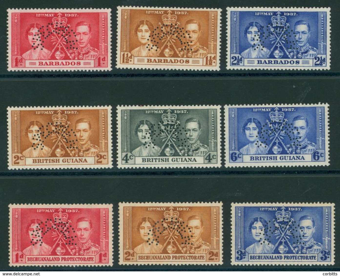 Barbados, British Bechuanaland & British Guiana 1937 Coronation Sets, Each Perf. SPECIMEN, Fine M, Cat. £350. (9) - Autres & Non Classés