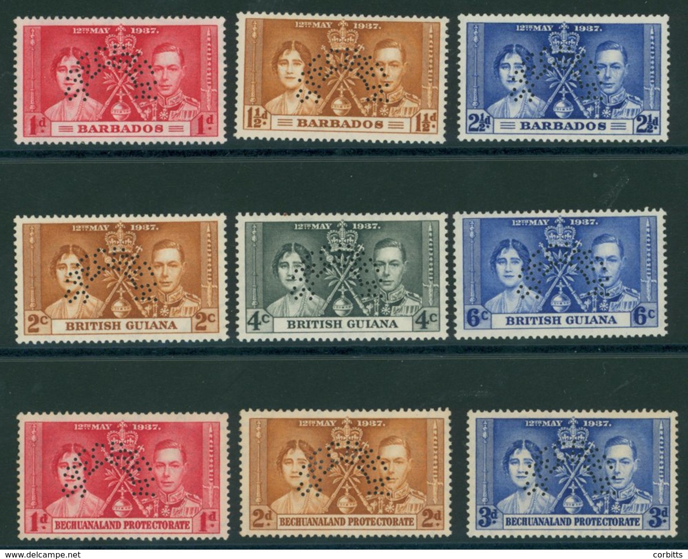 Barbados, British Bechuanaland & British Guiana 1937 Coronation Sets, Each Perf. SPECIMEN, Fine M, Cat. £350. (9) - Sonstige & Ohne Zuordnung