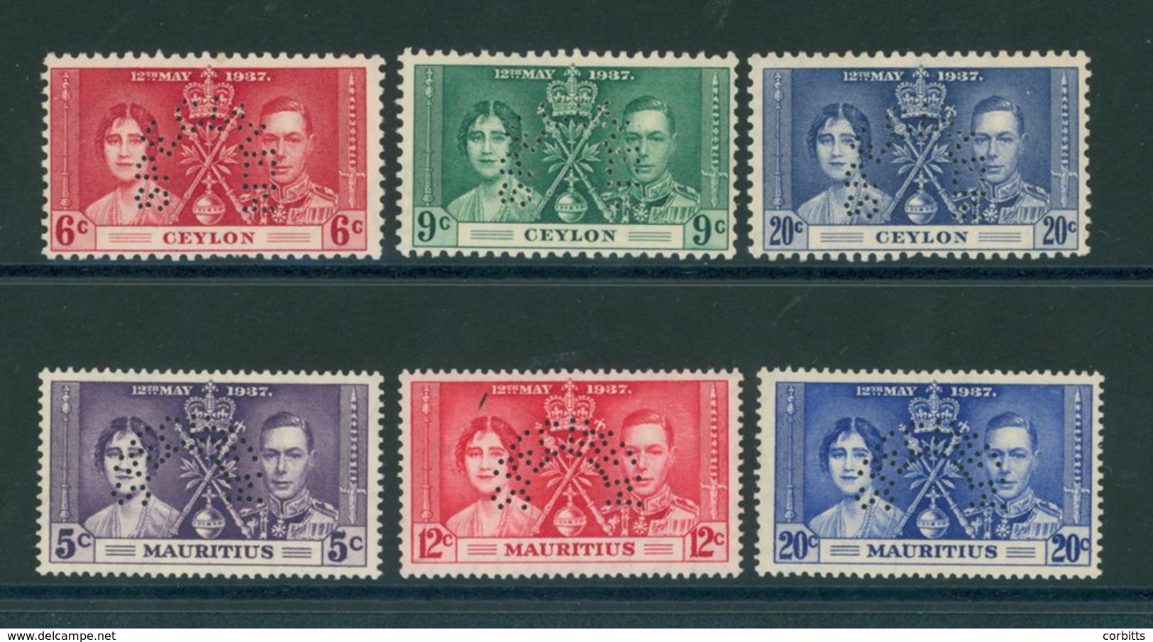 Ceylon & Mauritius 1937 Coronation Sets, Each Perf SPECIMEN, Fine M. Cat. £230. (6) - Autres & Non Classés