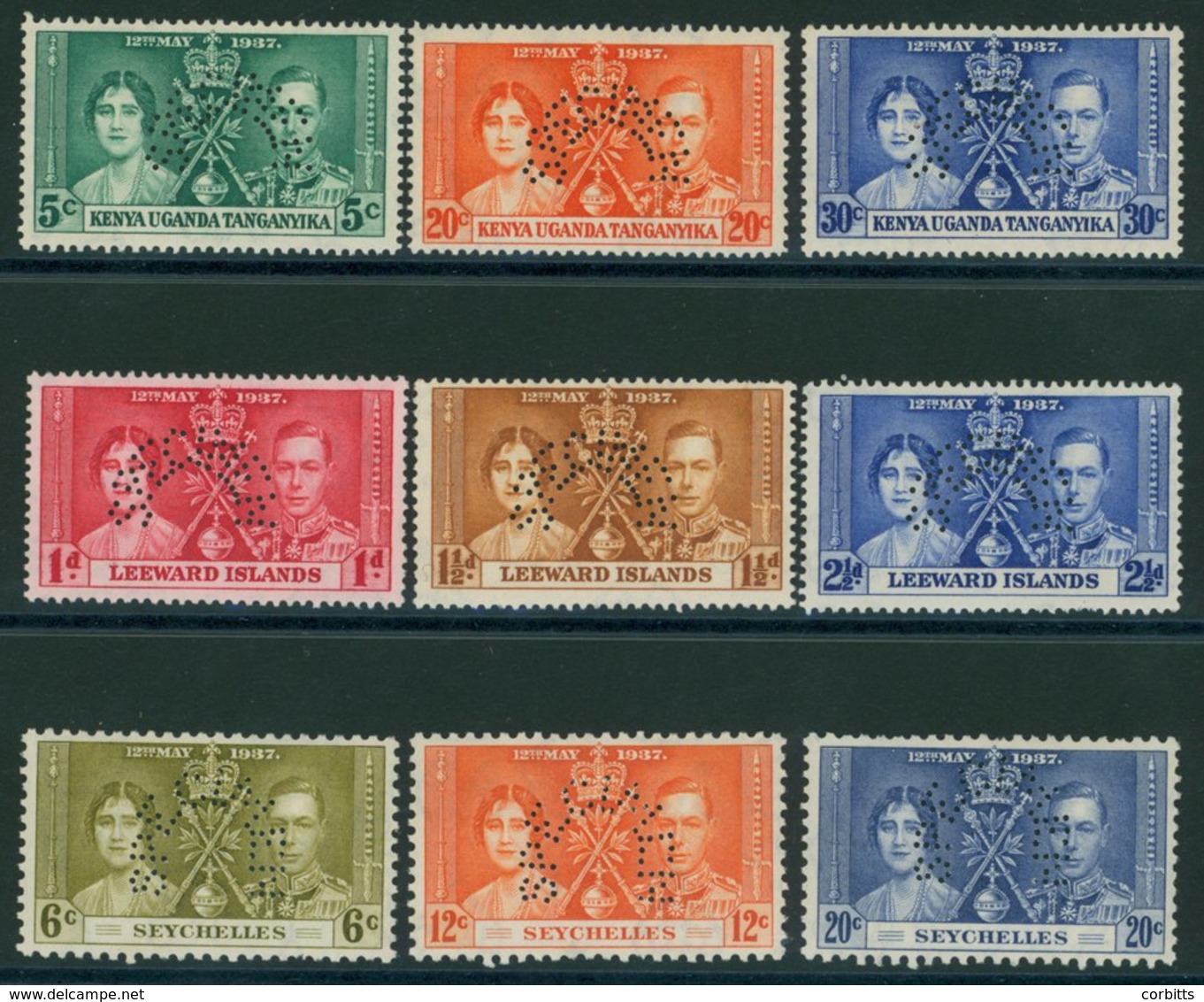 K.U.T, Leeward Islands & Seychelles 1937 Coronation Sets, Each Perf SPECIMEN, Fine M. Cat. £380. (9) - Autres & Non Classés