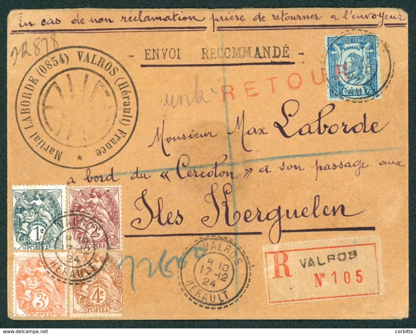 PENGUINS France - Rare 1924 Registered Cover From Valros (Hérault) To A Max Laborde Aboard The Cercolon On Its Way To Th - Sonstige & Ohne Zuordnung