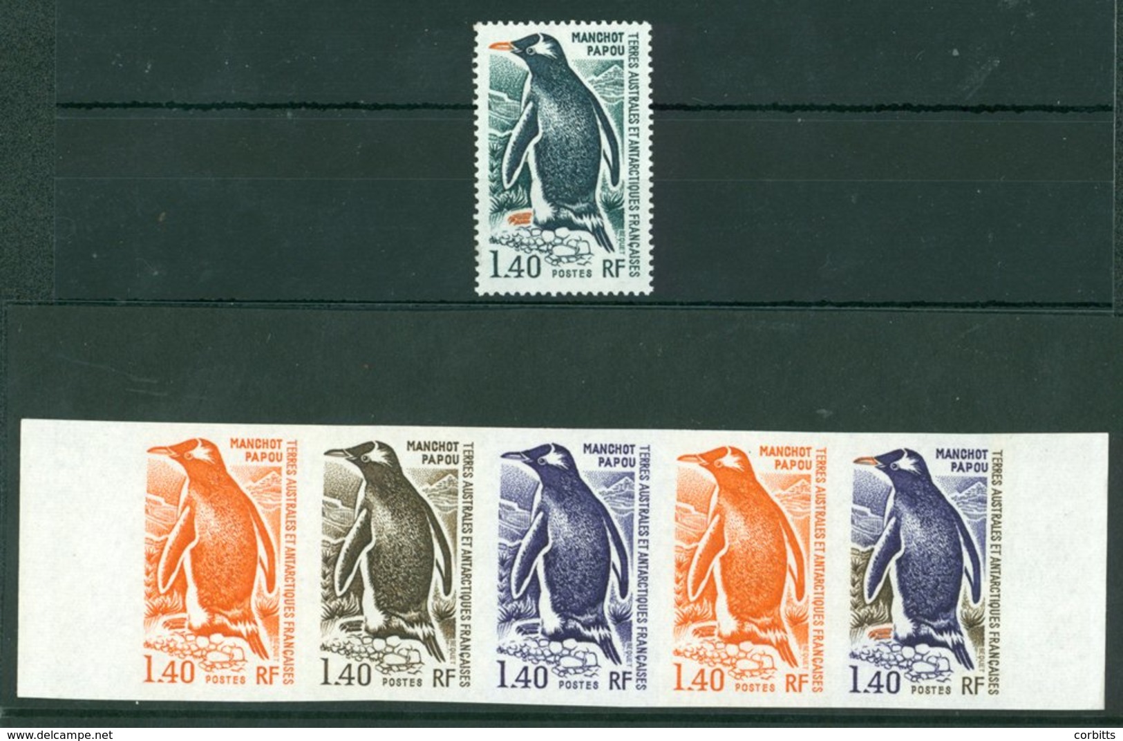 PENGUINS Terres Australes Et Antarctiques Francaises - 1976 Imperf Trial Colour Plate Proof Imperf Strip Of Five Of The  - Sonstige & Ohne Zuordnung