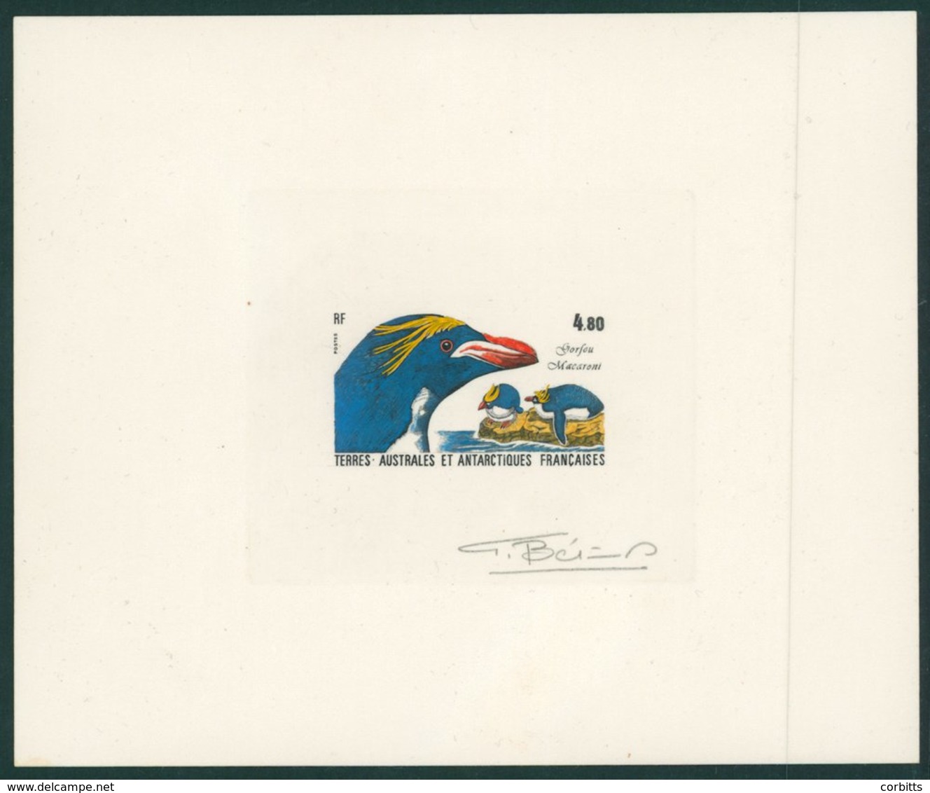 PENGUINS Terres Australes Et Antarctiques Francaises - 1987 Macaroni Penguin 4f 80c Hand Coloured Die Proof Of SG.226 Wi - Autres & Non Classés