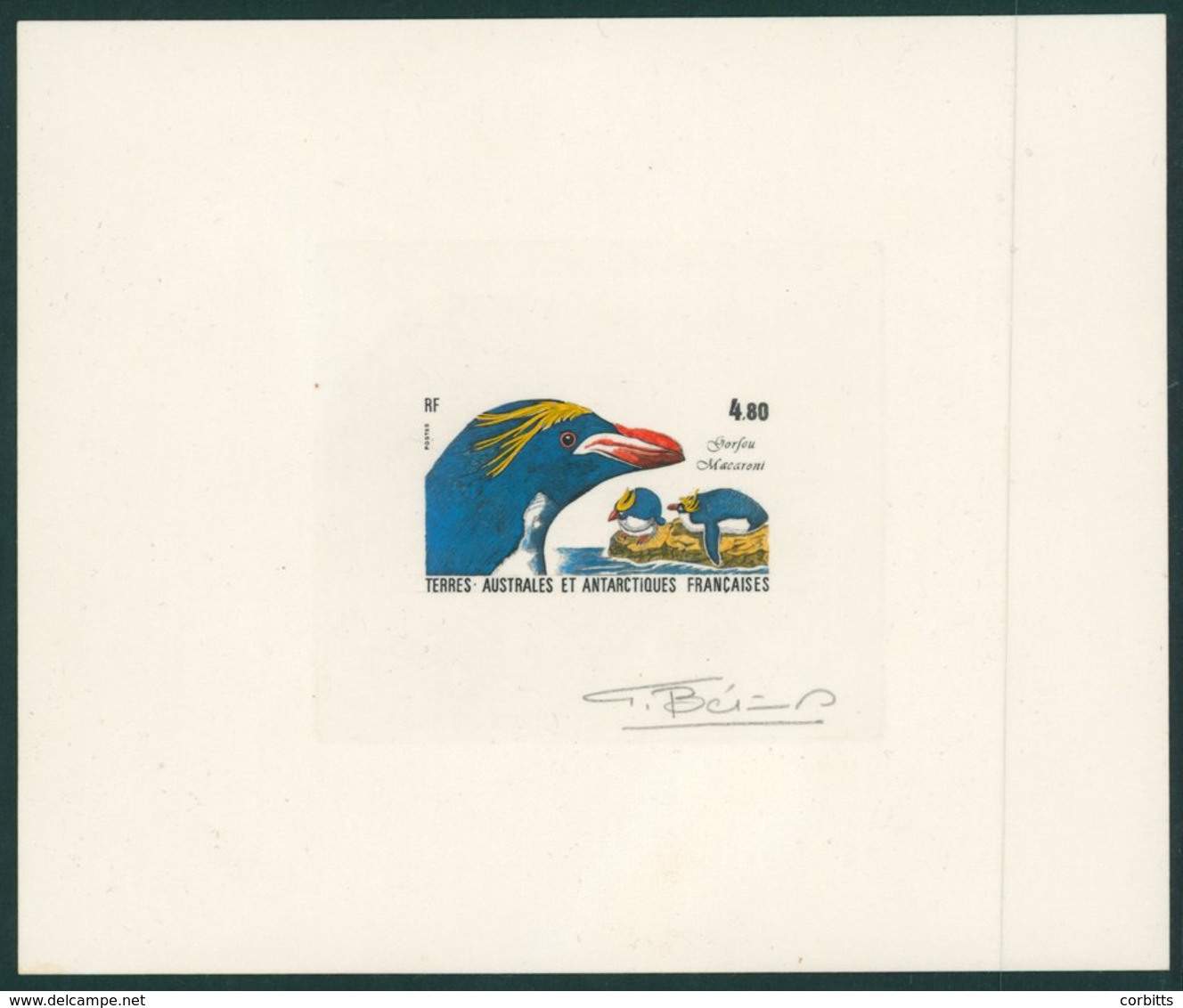 PENGUINS Terres Australes Et Antarctiques Francaises - 1987 Macaroni Penguin 4f 80c Hand Coloured Die Proof Of SG.226 Wi - Sonstige & Ohne Zuordnung