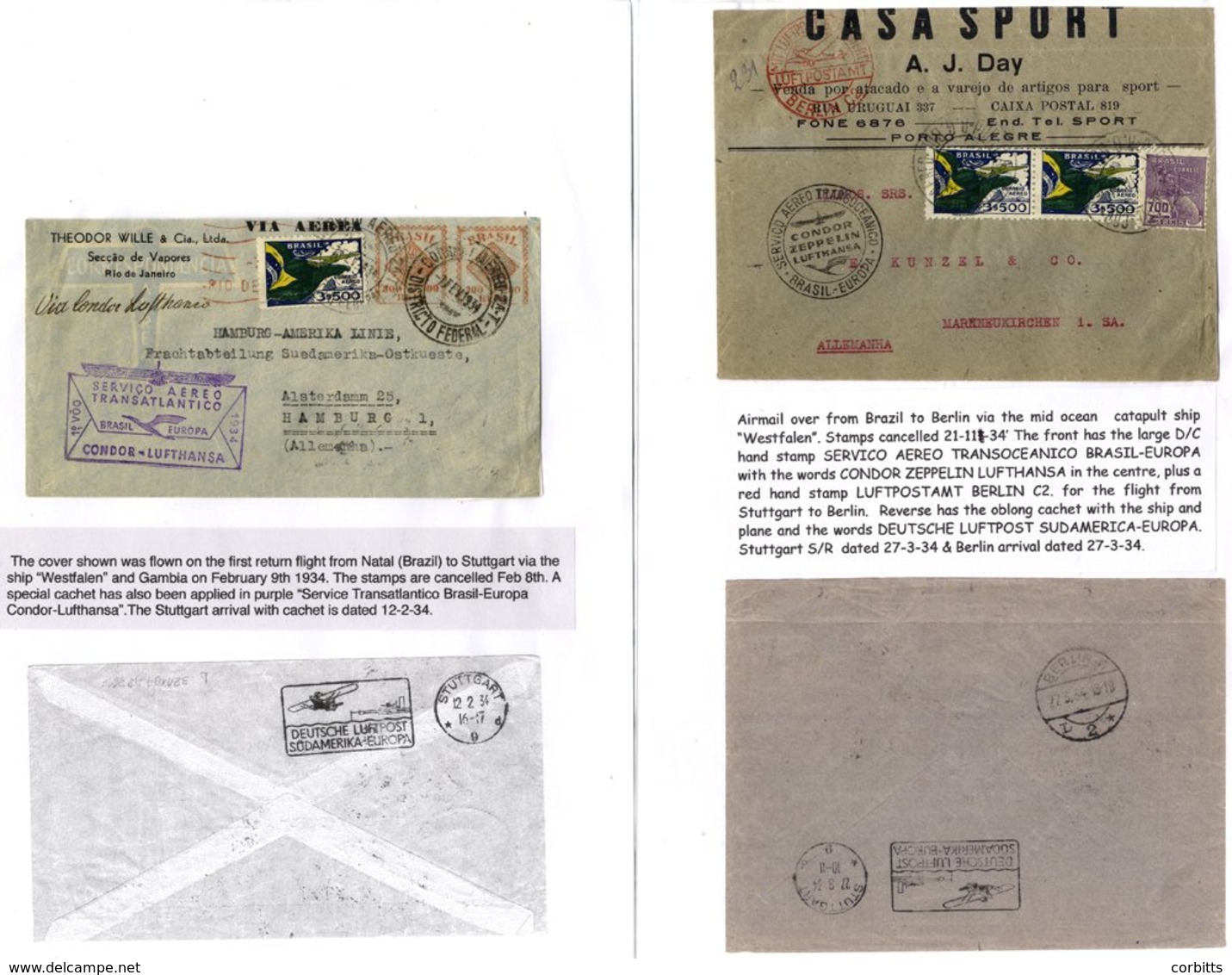 1910-37 Airmail Covers (14) Written Up On Leaves Incl. 1934 Brazil To Amsterdam 'Condor/Zeppelin/Lufthansa' Cachet, 1934 - Autres & Non Classés