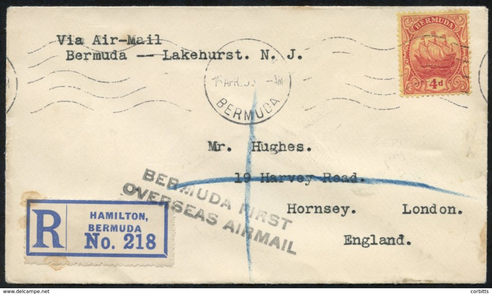 1925 Reg Envelope To England With 4d Cancelled Hamilton 16.AP.25, New York 4.24.1925 Arrival Cancels On Back. BERMUDA FI - Autres & Non Classés