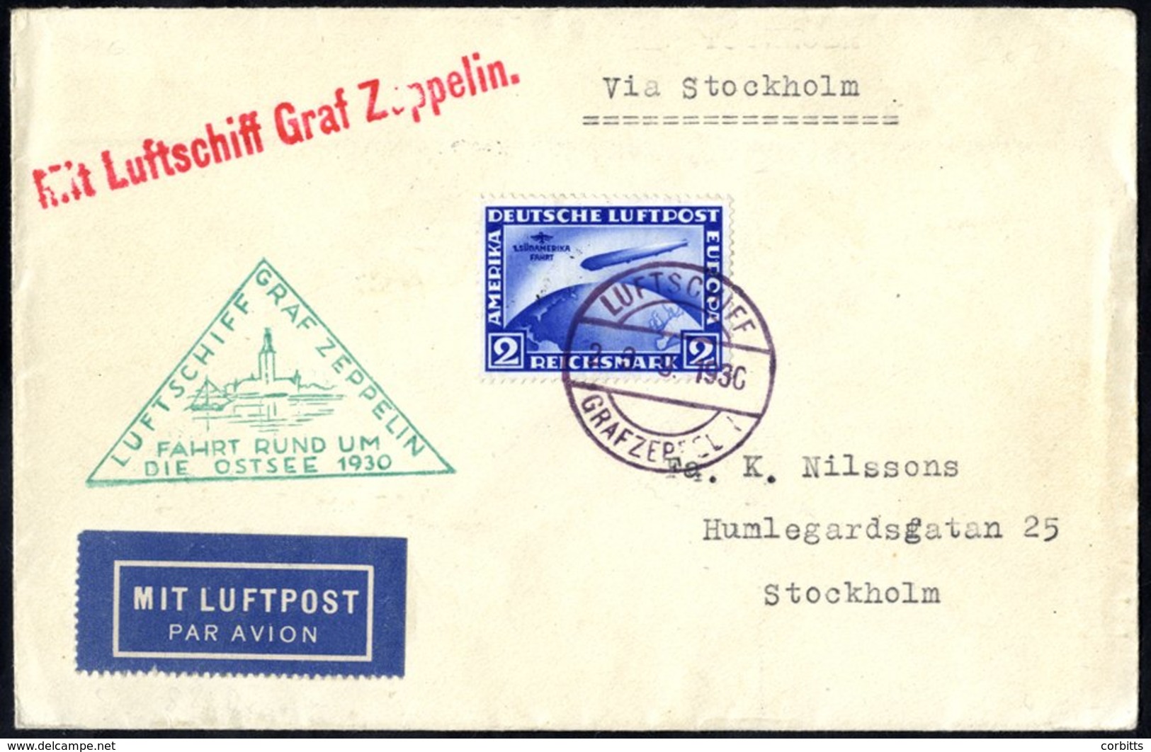 1930 Ostsee Flight Envelope To Sweden, Franked 2rm Zeppelin, SG.456a (Cat. £500), Cancelled 'Luftschiff Graf Zeppelin,'  - Sonstige & Ohne Zuordnung