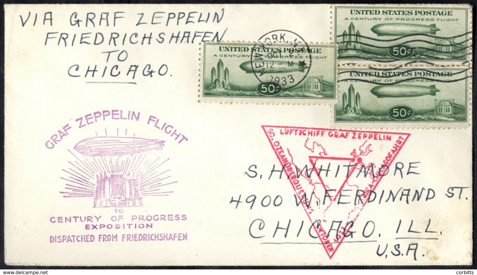 1933 Centenary Of Progress Flight Pictorial Cacheted Flown Friedrichshafen To Chicago, Franked 50c Zeppelin (3), Tied Ne - Autres & Non Classés