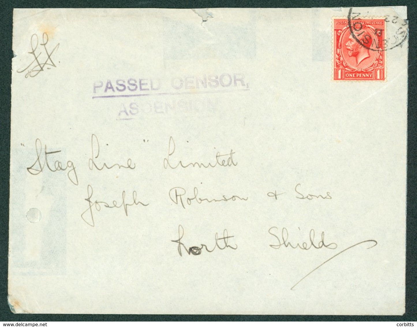 1917 'Ascension' Embossed (on Reverse) Govt. Envelope Addressed To N.Shields, Franked GB. 1d Scarlet Adhesive Tied By As - Autres & Non Classés