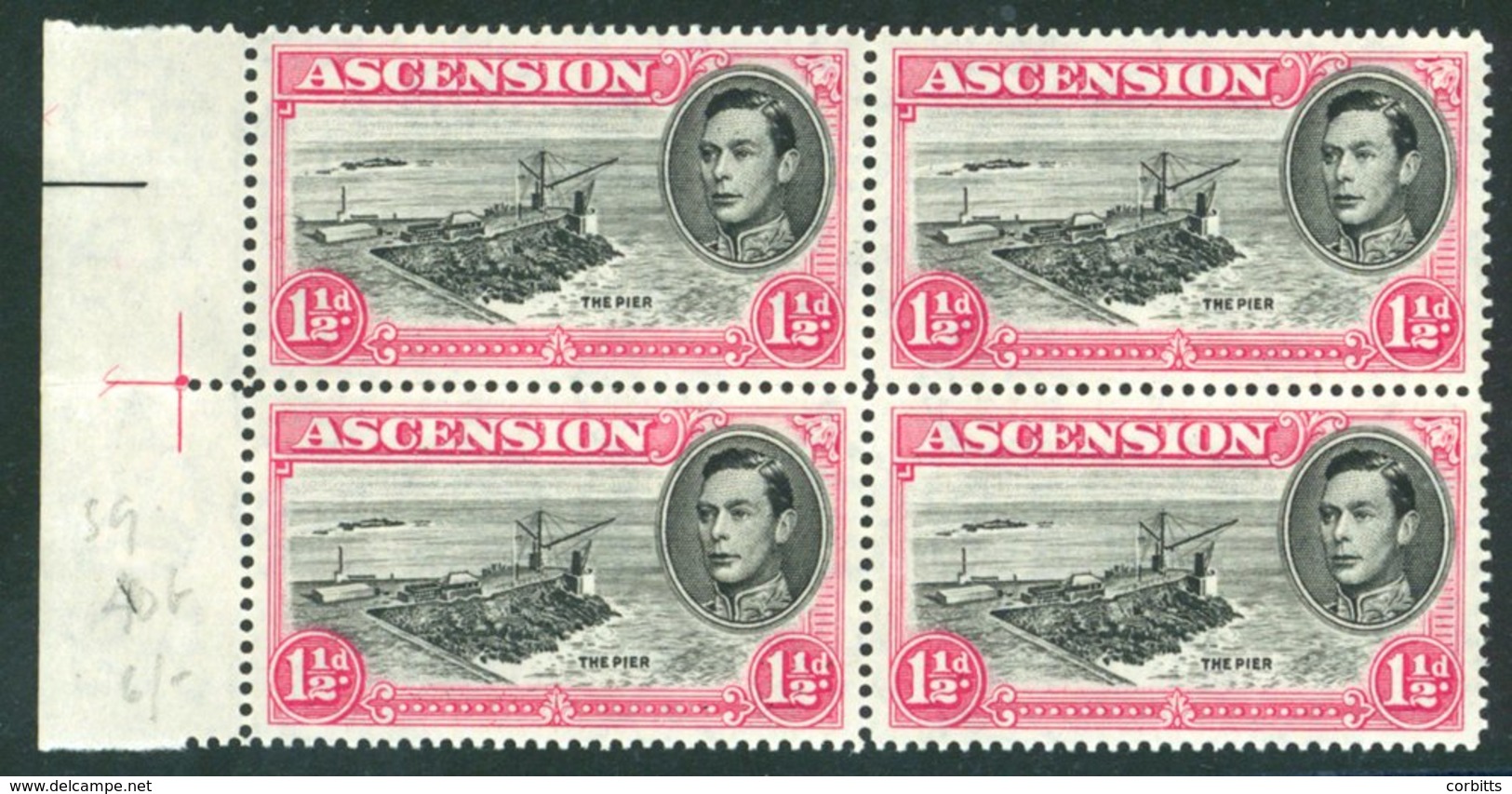 1938-53 1½d Black & Rose Carmine Pl.14 Left Side Marginal Block Of Four, UM Incl. The 'Davit' Flaw, SG.40da. Cat. £137+. - Autres & Non Classés