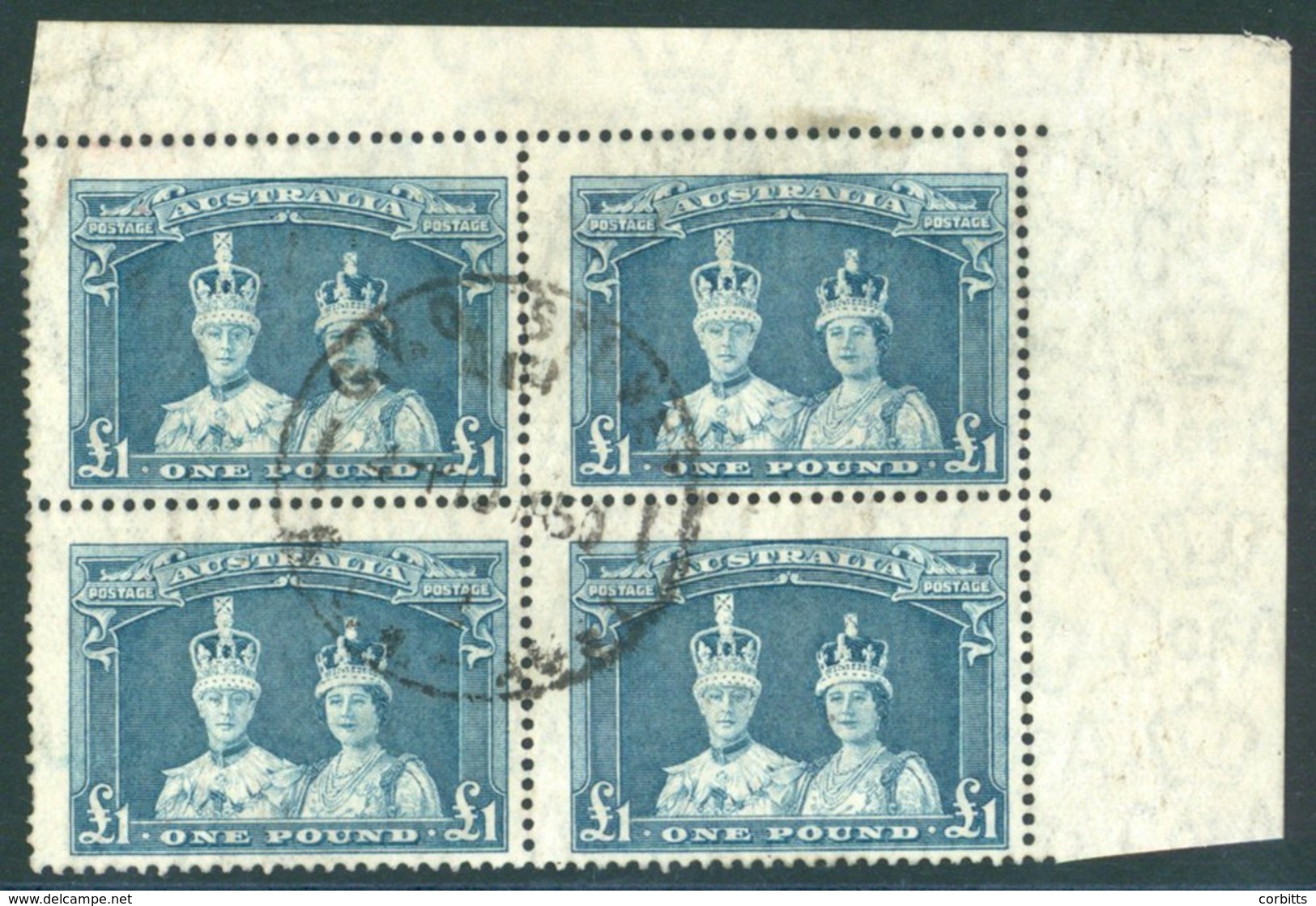 1938 £1 Bluish Slate On Thin Rough Ordinary Paper, Corner Marginal Block Of Four, VFU (T/L Stamp With Small Corner Creas - Sonstige & Ohne Zuordnung