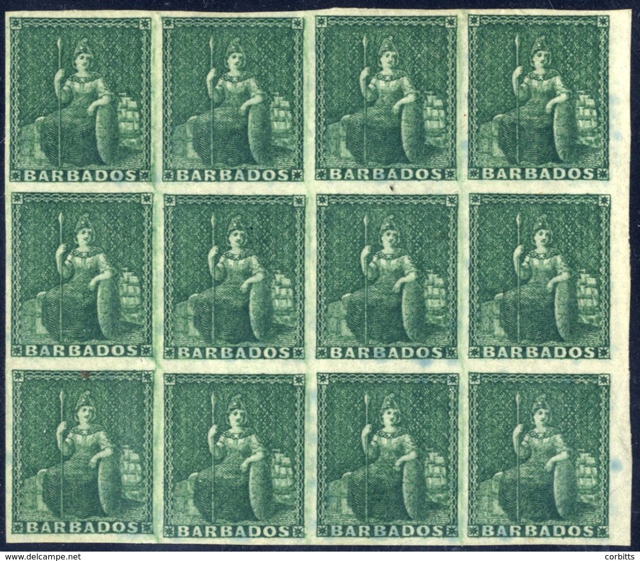 1852 (Apr) - 1855 No Wmk Imperf On Blued Paper (½d) Deep Green Block Of Twelve (4x3) Large Part O.g With Centre Row UM,  - Autres & Non Classés