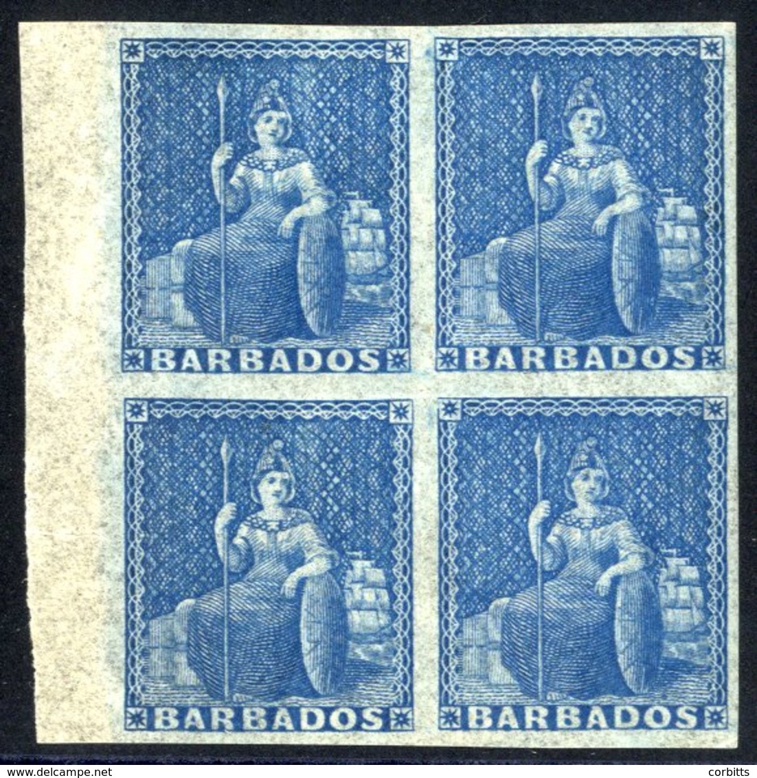 1852-55 (1d ) Blue On Blued, Left Side Marginal Block Of Four, Large Part O.g. Minor Gum Faults But Very Fine Appearance - Autres & Non Classés