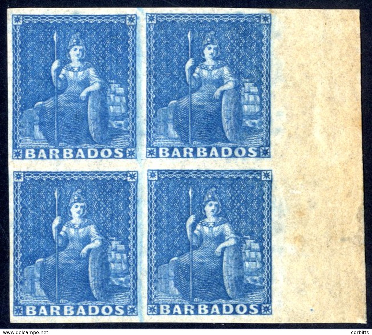 1852-55 (1d) Blue On Blued, Right Side Marginal Block Of Four With Large Margins & Full O.g, Toning In Sheet Margin. Ver - Autres & Non Classés