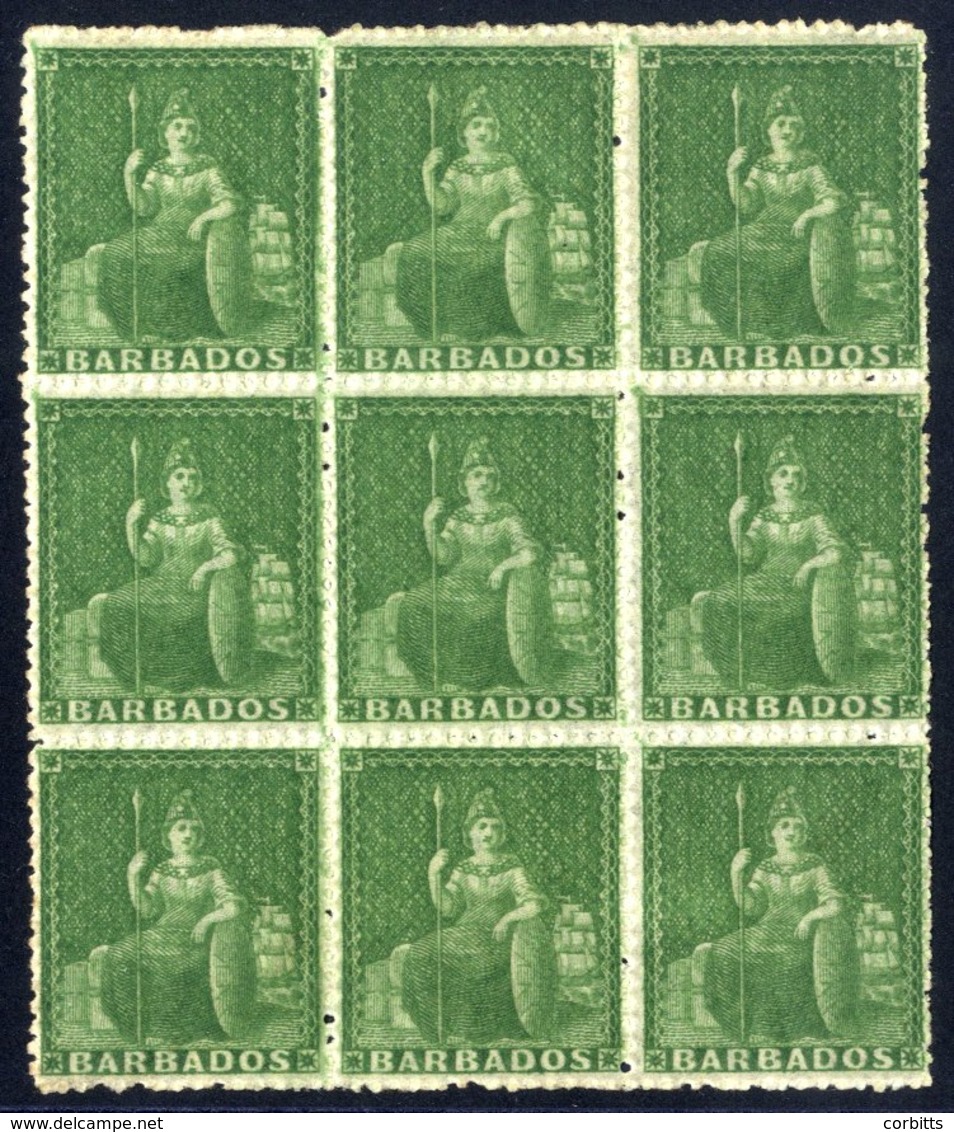 1861-70 (½d) Green-grass Rough Perf 14 To 16, Well Centred Block Of Nine, Large Part O.g. (centre Row UM), Traces Of Gum - Autres & Non Classés