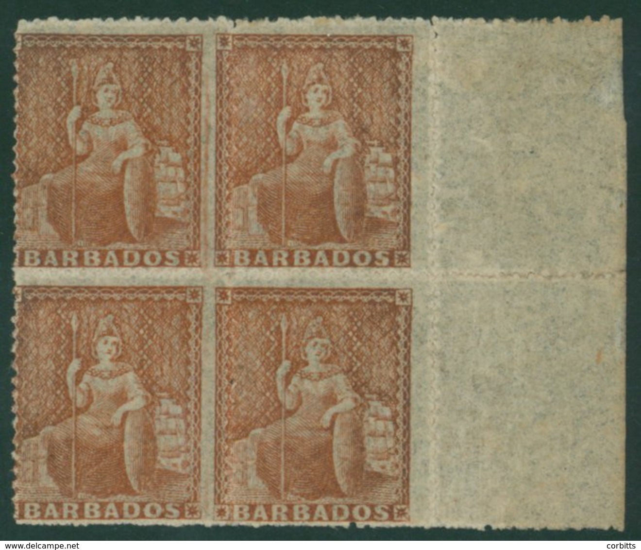 1861-70 4d Dull Brown-red, No Wmk, Rough Perf 14 To 16, Right Marginal Block Of Four, Large Part O.g, Off-centre But Sti - Sonstige & Ohne Zuordnung